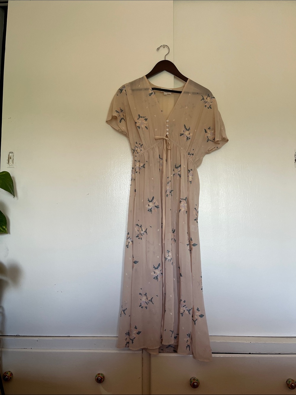 Lost + Wander Sheer Dusty Blush Floral Tie-Waist Maxi Dress